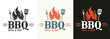 BBQ logo or icon. Grill, barbecue design with fire flame, fork and spatula. Meat restaurant symbol. Vector illustration.