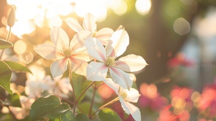 Poster - White clematis flowers opening under the sunlight in full bloom
