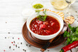 Russian borscht in a white bowl soup food