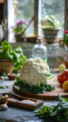 AI generated illustration of fresh cauliflower on a wooden board with green leaves