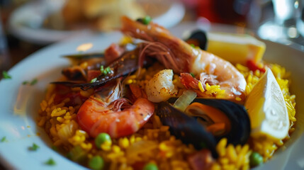 Wall Mural - An inviting plate of seafood with prawns, mussels, and flavorful rice