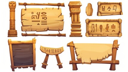 Isolated on white background is ancient board or clay tablet with Egyptian hieroglyphs as a graphical user interface for game design.