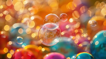 Poster - Colorful soap bubbles float in the air against a vibrant backdrop, creating a dynamic and playful scene