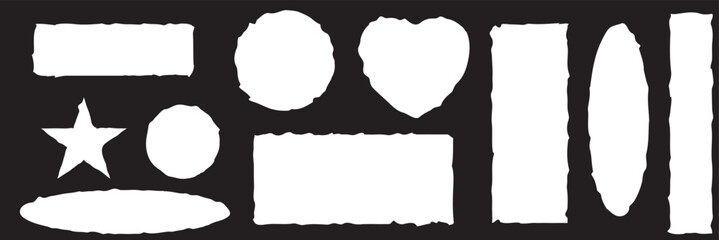 Wall Mural - Grungy ripped paper sheet stickers in various shapes, including rectangle, heart, star and circle shape. Punk elements for sticker, collage, banner. isolated on black background. EPS 10