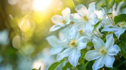 Aufkleber - White clematis flowers blooming under the bright sun on a clear day