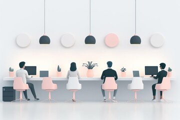 A minimal illustration of group of diverse professionals work together in a modern office coworking space.