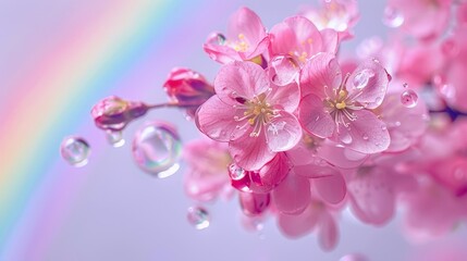 Poster - A pink flower covered in water droplets stands out against a rainbow in the background