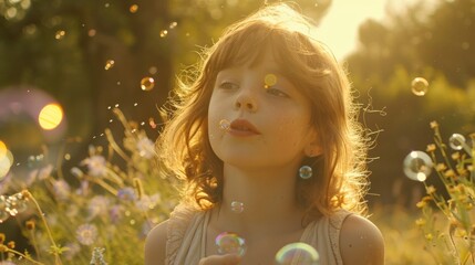 Poster - A young girl blowing bubbles in a field of flowers, AI