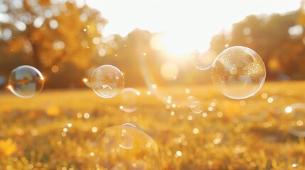 Poster - Soap bubbles drift through a field as the sun sets, creating a magical and whimsical scene