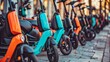 A fleet of sleek electric scooters parked in orderly rows along a bustling city sidewalk,offering convenient and eco-friendly transportation options for urban dwellers