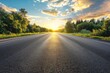 © ArtSpree - Captivating shot of an empty weathered road stretching towards a dramatic sunset horizon under a cloud-filled sky. Beautiful simple AI generated image in 4K, unique.