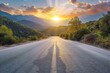 © ArtSpree - Captivating shot of an empty weathered road stretching towards a dramatic sunset horizon under a cloud-filled sky. Beautiful simple AI generated image in 4K, unique.