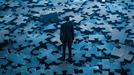 Sticker - A man in a suit standing on top of puzzle pieces, AI