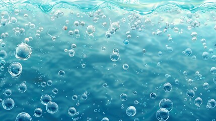 Poster - This abstract background is created from air bubbles of cola, soda drink, beer or water. Dynamic fizzy carbonated motion with transparent Aqua and randomly shifting droplets, realistic 3D modern.