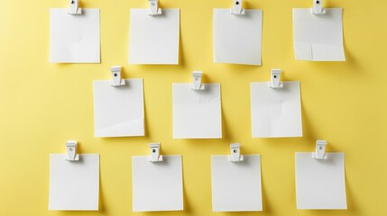 Poster - Set of white notebook sheets pinned on wall with folded and ragged pages. Memo pads, daily planner and empty sticky notes isolated on yellow background.