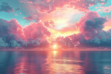 Poster - The sun is setting in the sky, casting a warm glow over the ocean with clouds in the background