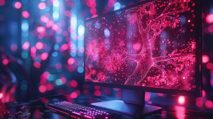 Aufkleber - Modern computer displaying neural network on screen, surrounded by glowing pink and blue lights.