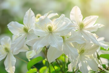 Aufkleber - White clematis flowers are in full bloom under the warm sunlight