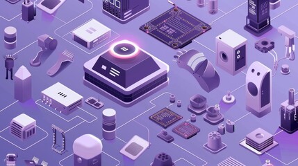 Poster - 3d modern web banner with artificial intelligence isometrics, ai smart devices around chip circuits,