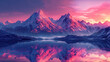 Stunning pink sunset over snowy mountain peaks and lake