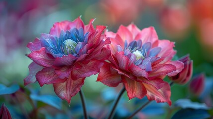Poster - Two colorful flowers with pink petals and blue centers stand out in a verdant garden as dusk settles
