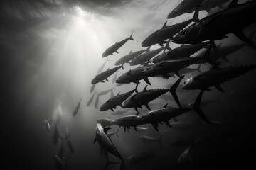Canvas Print - a school of tuna swimming in the ocean