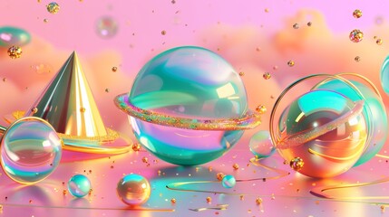 Poster - On a pink background, there is a holographic background with 3D geometric shapes and golden rings. Modern abstract design with turquoise render figures, cone, pyramid, octahedron and torus.