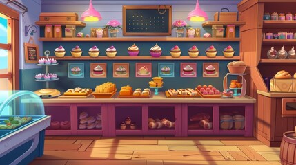 There are chalkboard menus, cashier desks, lamp cartoon modern icons for bakeries and confectioneries. Displaying sweets, cakes, cupcakes on trays and fresh bread on wooden shelves.