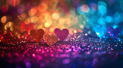 Leinwandbilder - heart shapes placed on a vibrant and blurred bokeh background, creating a cheerful and romantic atmosphere