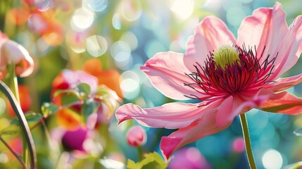 Poster - Detailed view of a vibrant pink flower blooming in a lush garden setting