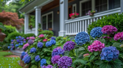 Poster - Bright hydrangeas bloom in front of a white house, adding color to the scene