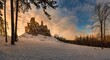 Panoramatic view of ruins of medieval stone castle fortress Hrusov in Slovakia on the hill with rocks and fresh green grass in forest during scenic sunrise lighting sky with clouds and landscape