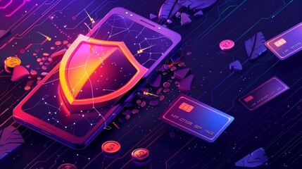 Poster - isometric landing page for cybercrime attack. smartphone screen with cracked shield and coins scatte