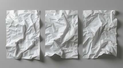 Poster - Realistic 3D modern illustration of folded posters, white paper blank sheets with wrinkled texture. Mockup for flyer, advertisement, or letter isolated on grey background.