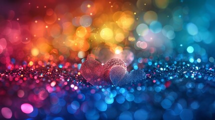 Leinwandbilder - Two heart shapes are positioned on a vibrant and multicolored bokeh background, creating a striking visual contrast