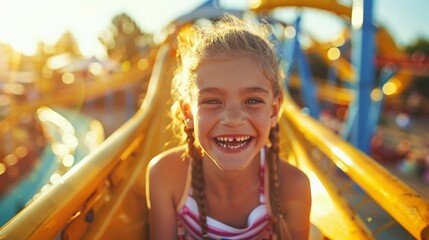 Poster - A young girl smiling while riding on a slide at an amusement park, AI