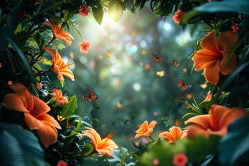 Aufkleber - A circular arrangement of orange flowers growing in a forest setting