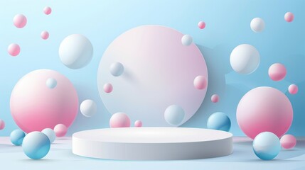 Poster - This modern realistic mockup features a round pedestal with an abstract geometric background. The mockup features 3D circles, spheres, and squares. A poster template with a pedestal is also included