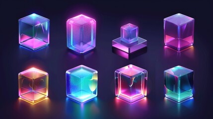 Poster - Various angles showing plastic or glass cubes, crystal block, aquarium podium, isolated glossy geometric objects, realistic 3D modern illustration.