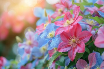 Poster - Pink and blue clematis flowers bloom under the sunny sky