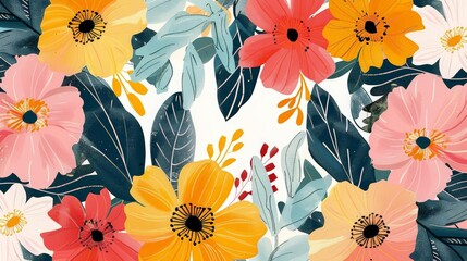 Wall Mural - abstract floral artwork featuring a variety of colorful flowers and leaves, including pink, yellow, orange, and red blooms, as well as green leaves