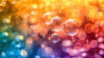 Poster - Multicolored soap bubbles float in the air against a vibrant and colorful background, creating a playful and dynamic scene