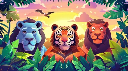 Wall Mural - The Savannah tour cartoon poster, an invitation to an outdoor enclosure with wild animals. A tiger and a monkey live in the jungle, and there is a ticket price for the zoo or safari outside.