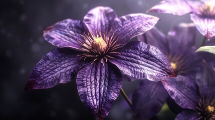 Poster - Purple clematis flowers contrast beautifully against a dark background, showcasing their delicate petals and vibrant color