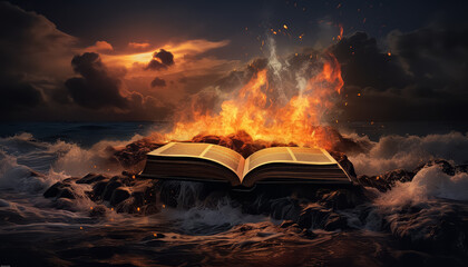 Wall Mural - A book is on fire on a beach