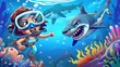 The image features a woman scuba diver and a shark under water in the sea or ocean. Modern cartoon illustration of an underwater landscape with a girl wearing a diving suit and mask and fierce fish.