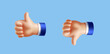 3D hand with thumb up and down gesture. Cartoon like dislike icons for social network Rating sign Vector 3d illustration