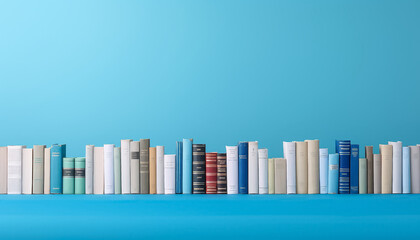 Wall Mural - A row of books on a shelf with a blue background