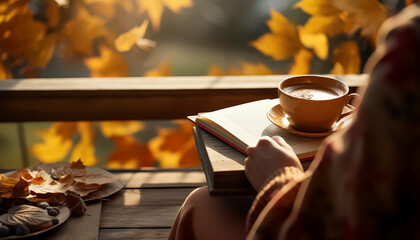 Sticker - A woman is sitting on a wooden bench with a book in her lap