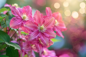 Aufkleber - Pink clematis flowers in full bloom with a soft bokeh background, creating a delicate and elegant atmosphere